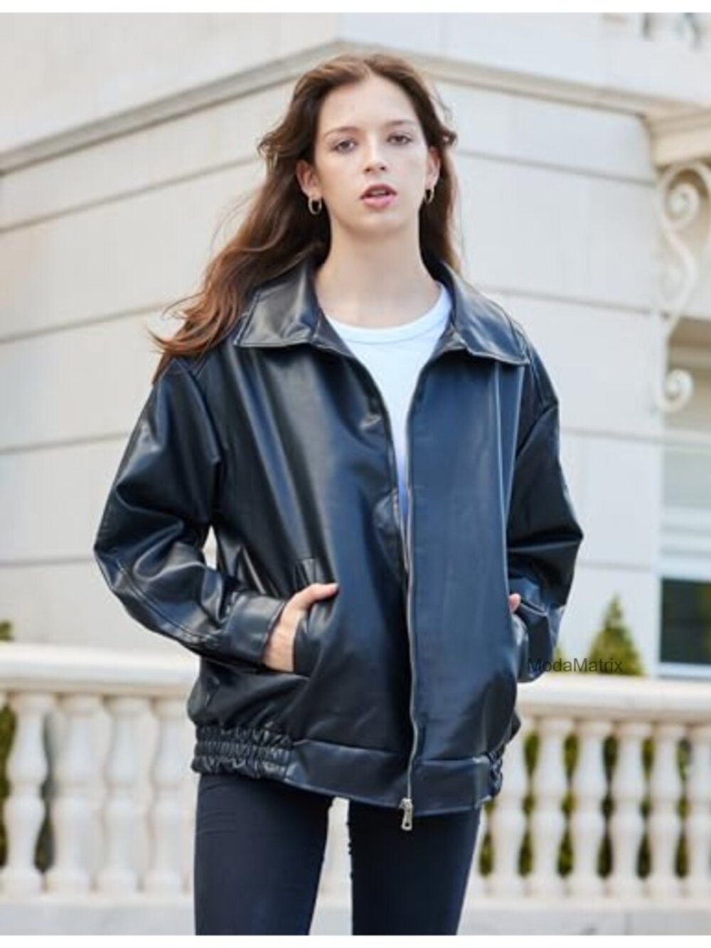 Women's Oversized Faux Leather Moto Biker Jacket Zip Up Coat